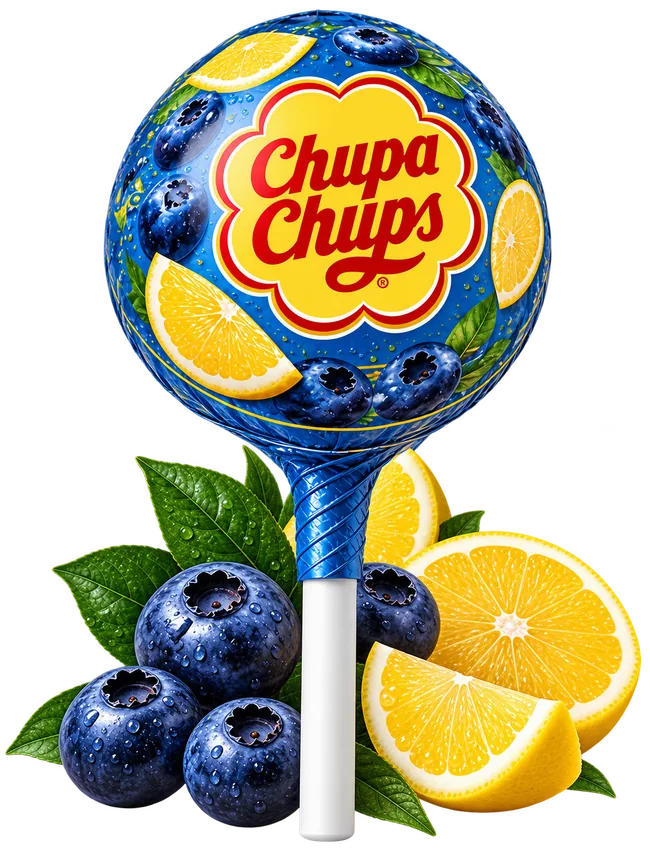 Blueberry Lemonade lollipop with blueberries and lemon slices