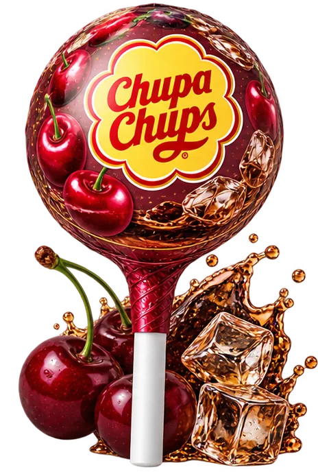Cherry Cola lollipop with cherries and a cola splash