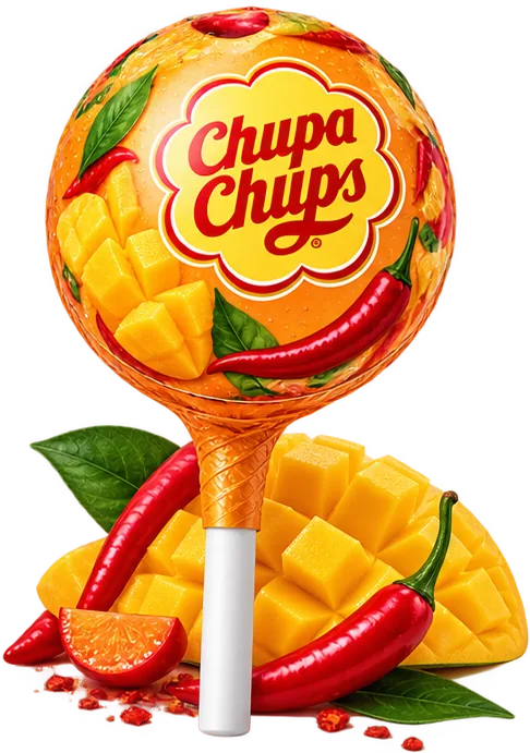 Mango Chili lollipop with diced mango and red chili peppers