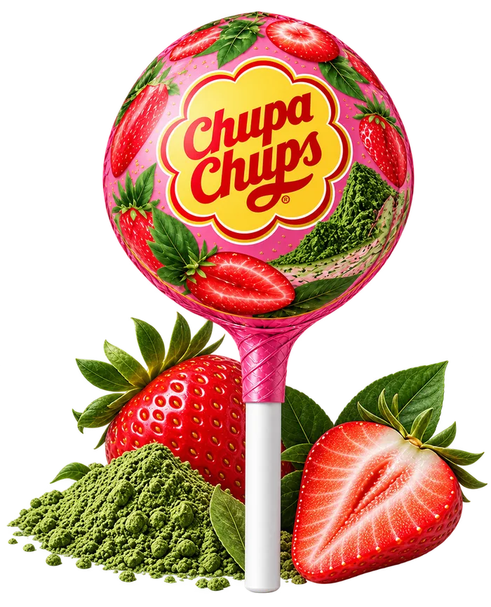 Strawberry Matcha lollipop with strawberries and matcha powder