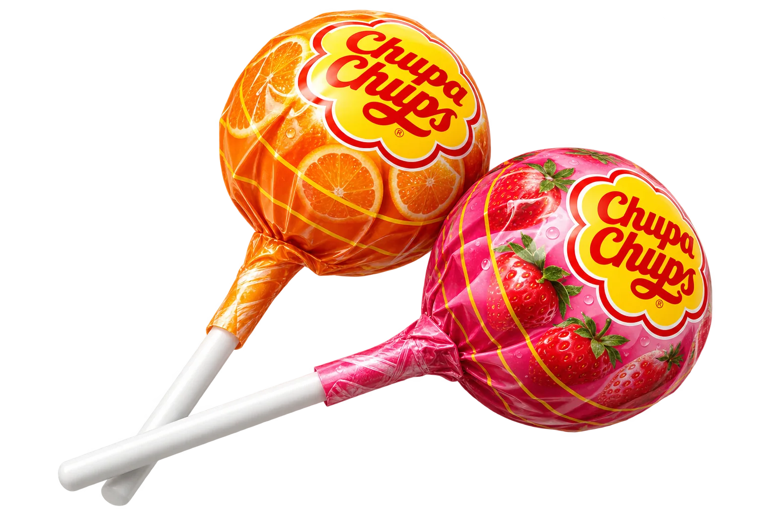 Two Chupa Chups lollipops, orange and strawberry, crossed together