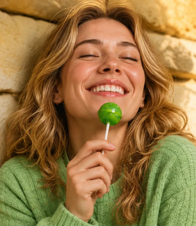 A smiling woman with wavy blonde hair holds a green lollipop