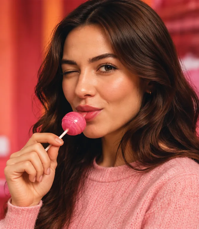 A woman with long dark hair winks while holding a pink lollipop to her lips