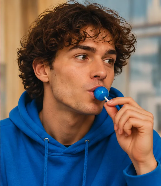 A curly-haired man in a blue hoodie tastes a blue lollipop