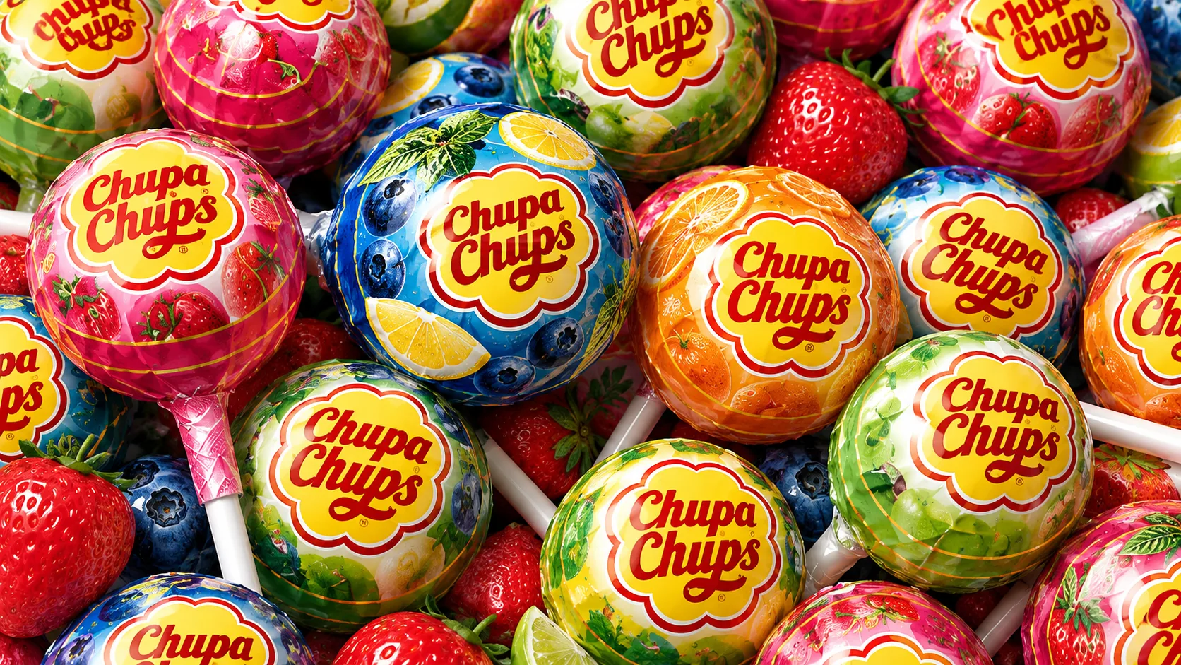 A pile of colourful Chupa Chups lollipops with strawberries, blueberries and lime