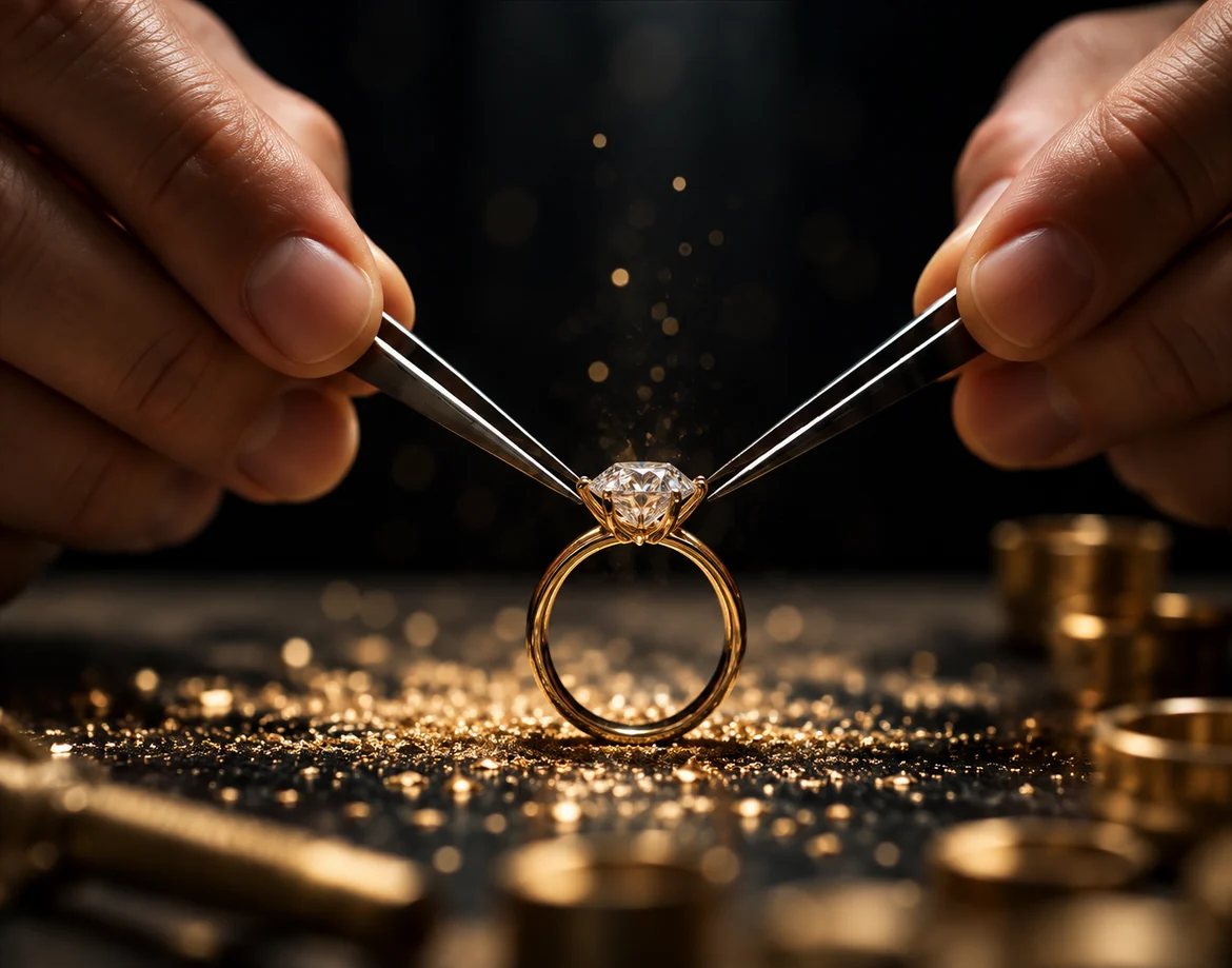 Hands holding a gold ring with tweezers over scattered gold dust