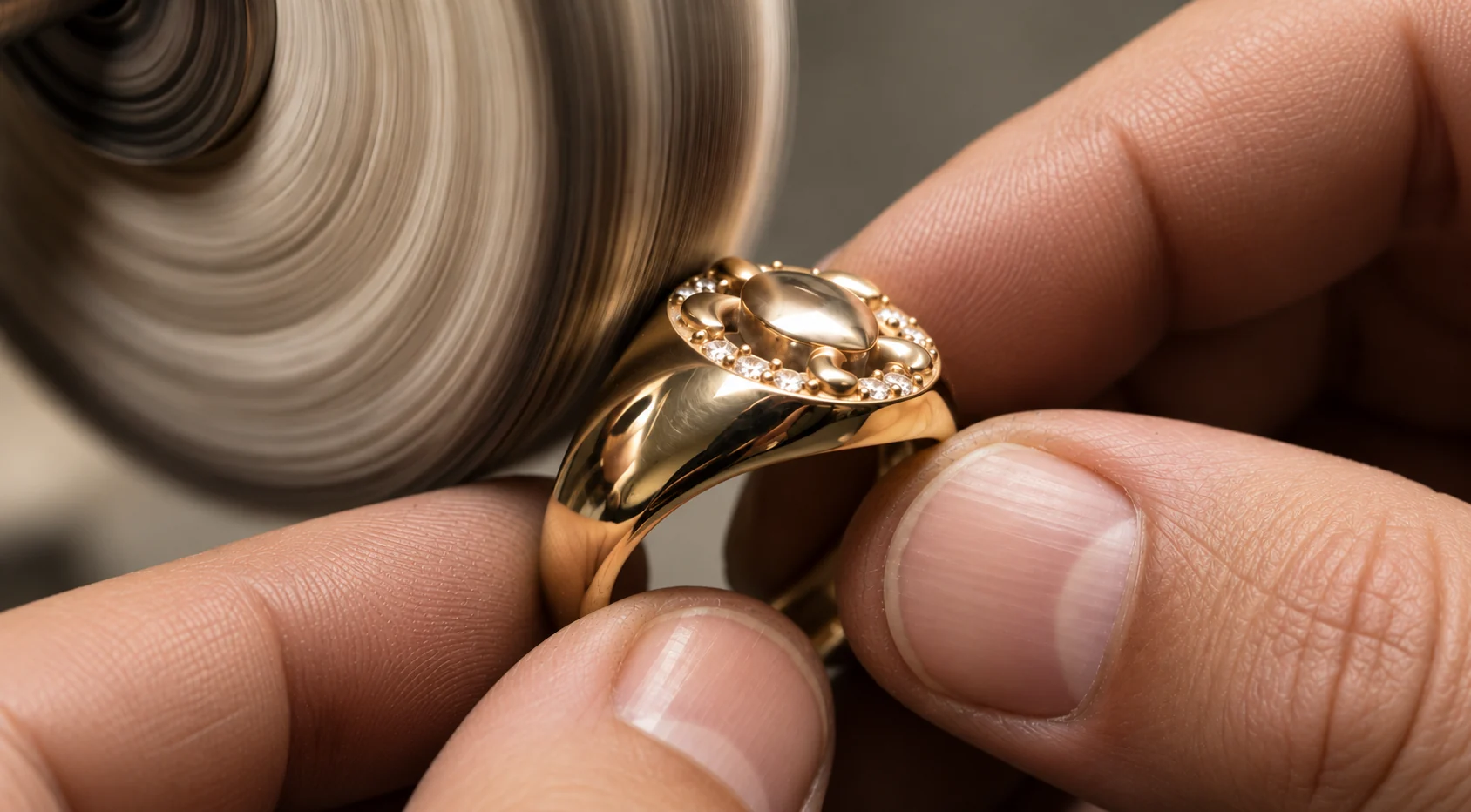 Hands holding a gold signet ring against a polishing wheel