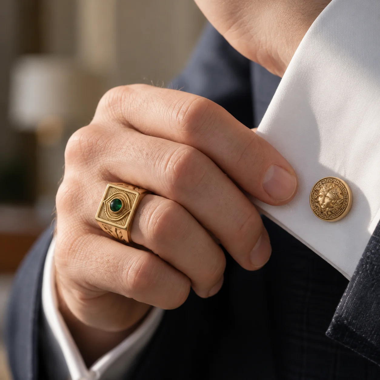 A hand adjusting a white cuff with a gold cufflink and a gold signet ring with a green stone