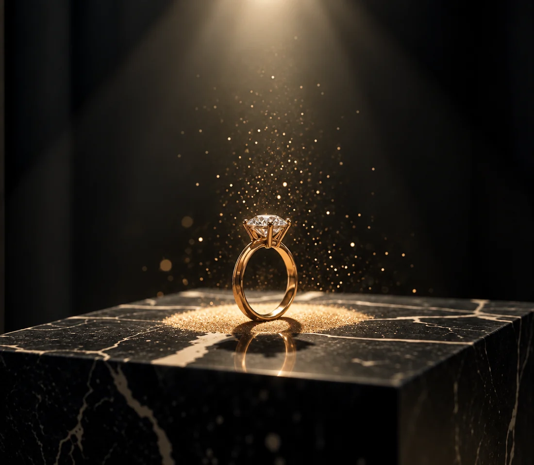 A gold ring on a black marble plinth in a single beam of light