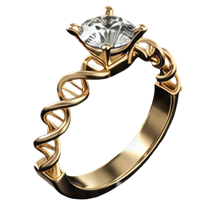 Gold ring with a DNA-helix band and a round lab-grown diamond