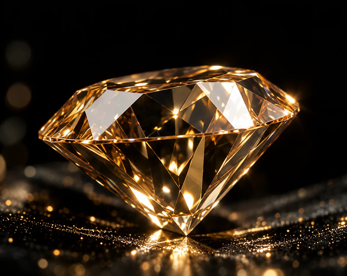 A faceted golden diamond glowing in the dark