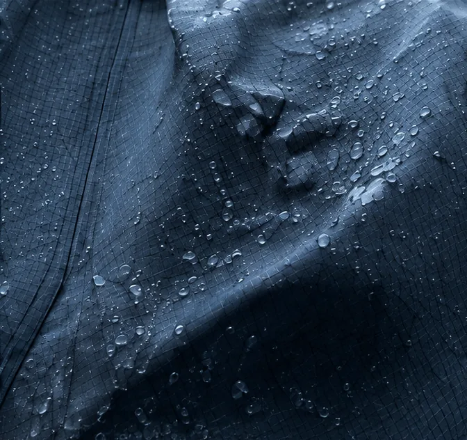 Water droplets beading on the jacket fabric