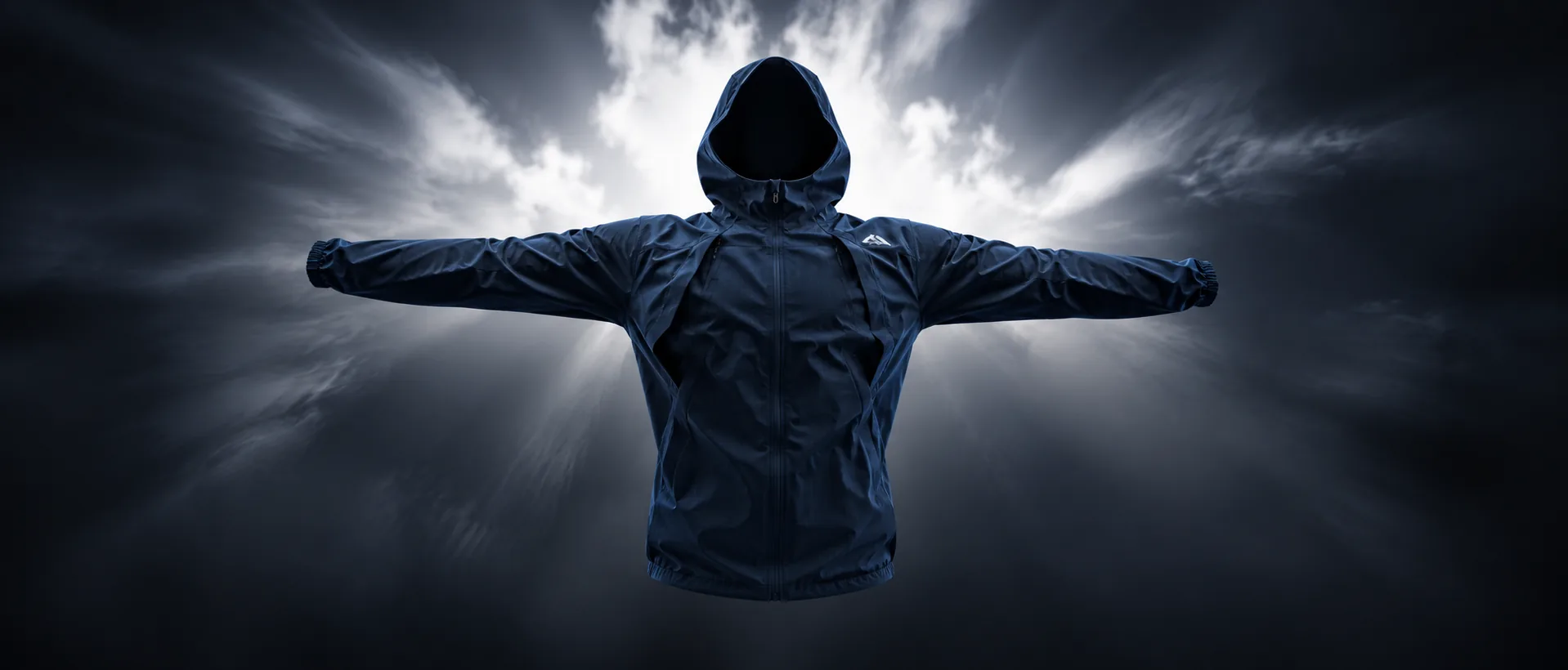Blue jacket floating with arms spread against stormy clouds