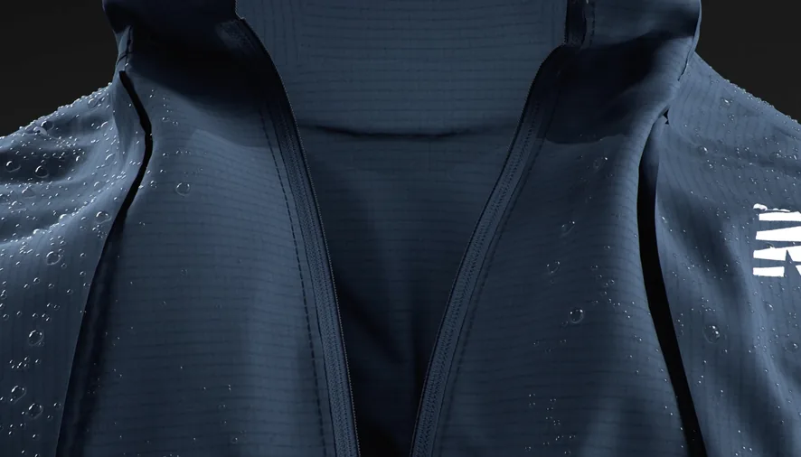 Open jacket collar with water droplets