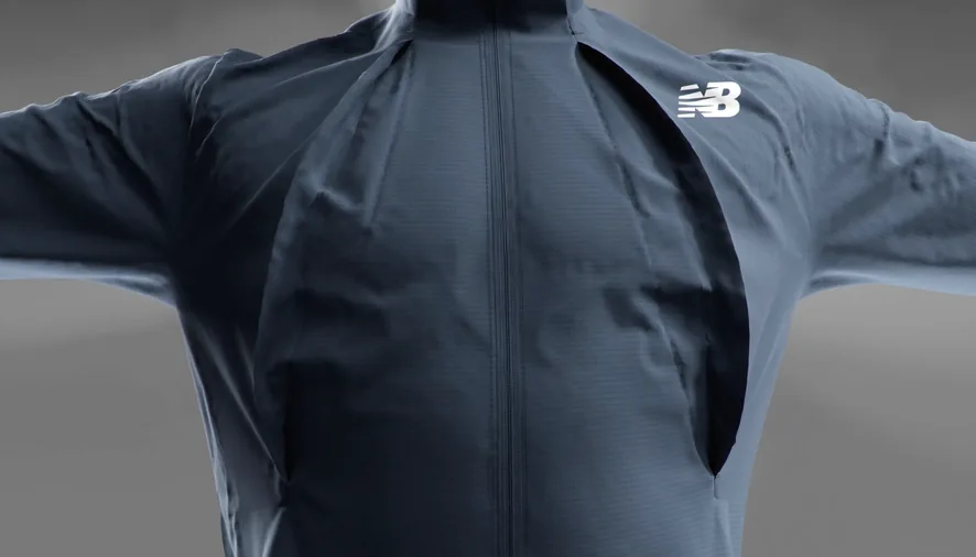 Jacket with open chest panel and spread arms