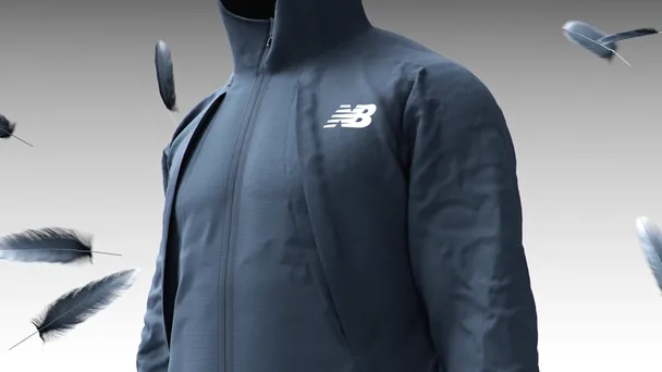Front of the jacket with floating feathers