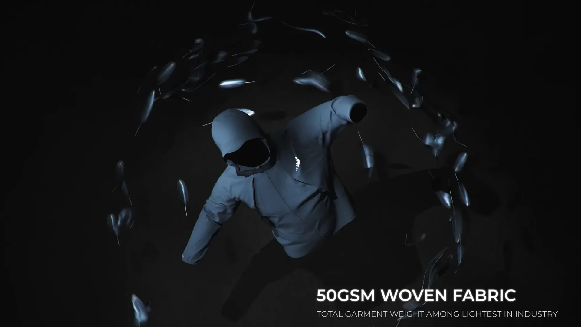 Video still: jacket floating among feathers, 50GSM woven fabric