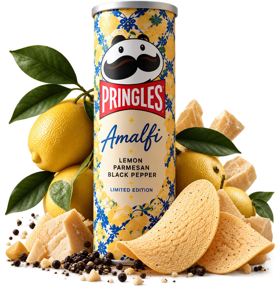 Pringles Amalfi limited edition can surrounded by lemons, parmesan, black pepper and chips