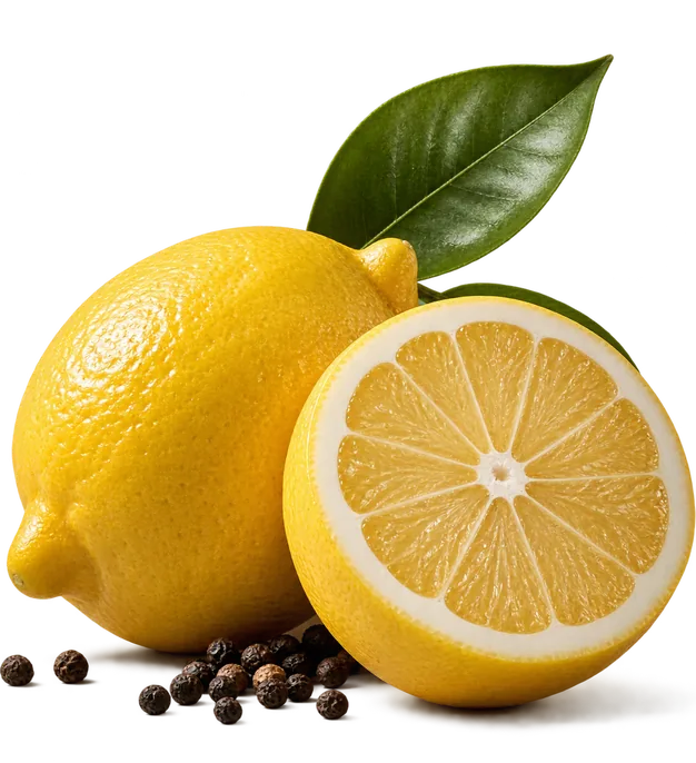A whole lemon and a halved lemon with a leaf and black peppercorns