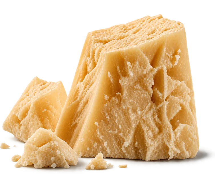 A wedge of aged parmesan with crumbled pieces